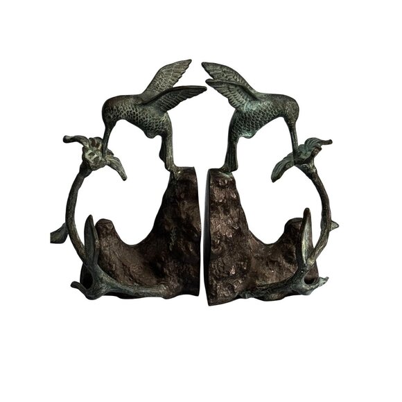 Bronze Hummingbird And Flower Bookends Verdigris Patina Pair 7 Inches - Picture 3 of 7